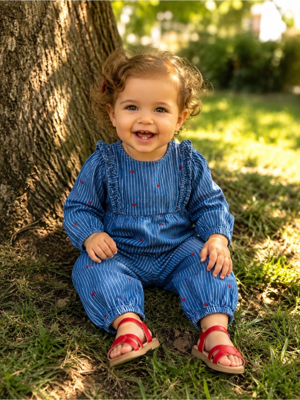 Baby GAP Denim Striped Jumpsuit with Embroidered Hearts - 18-24 Months
